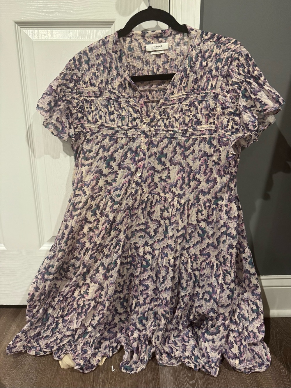 Printed Lavender & White Midi Dress with Flutter Sleeves